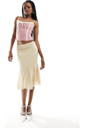 Motel Gonna godet midi al ginocchio testurizzata in pizzo color beige crema