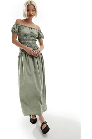 Reclaimed Vestito lungo arricciato in vita kaki antracite