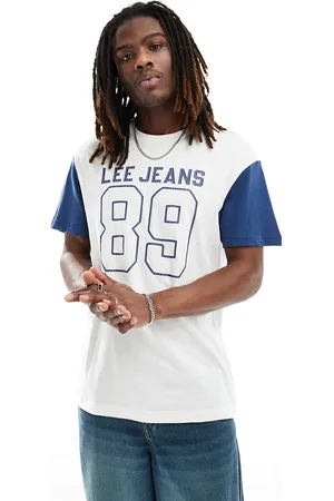 Lee T-shirt stile baseball con logo e maniche raglan bianca e blu