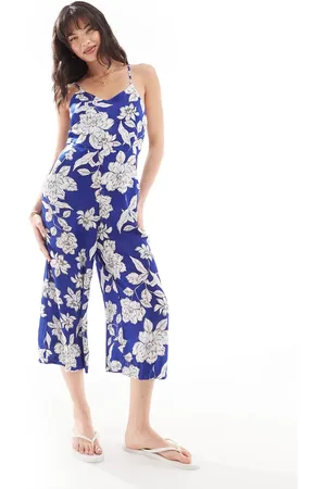 QED London Tuta jumpsuit in raso con allacciatura al collo blu a fiori