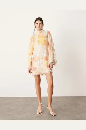 ASOS Vestito corto arancione a fiori accollato con stampa, frange e paillettes