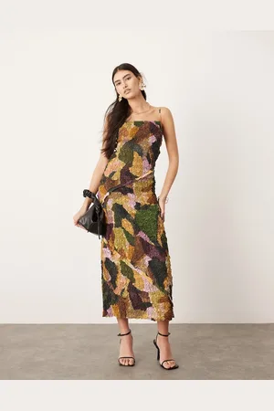 ASOS Vestito midi con spalline sottili testurizzato con stampa a contrasto
