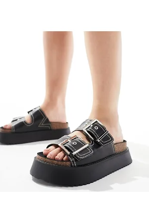 ASOS Firecracker - Sandali bassi neri con fascette doppie, plantare e pianta larga