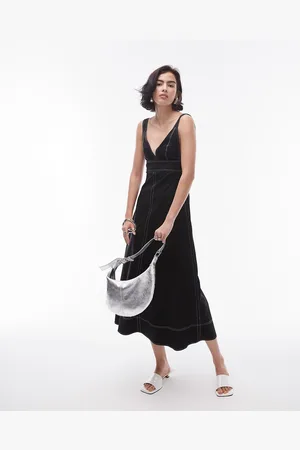 Topshop Vestito scamiciato midi in popeline con cuciture a contrasto
