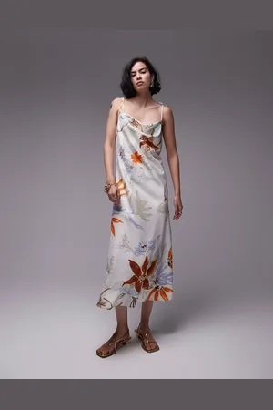 Topshop Vestito sottoveste midi con spalline sottili annodate e scollo squadrato a fiori