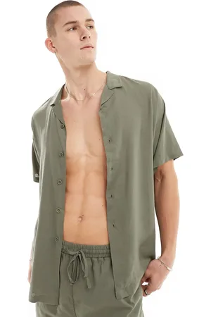 South Beach Camicia da mare kaki in misto lino a maniche corte