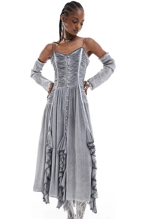 Reclaimed Vestito midi con volant e maniche rimovibili