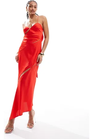 ASOS Vestito midi con scollo ad anello in raso acceso con cut-out e fibbie