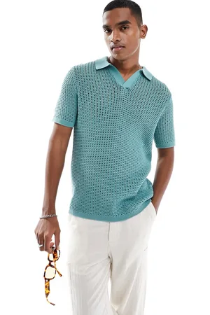 ASOS Polo in maglia leggera traforata -azzurro con intaglio sul collo