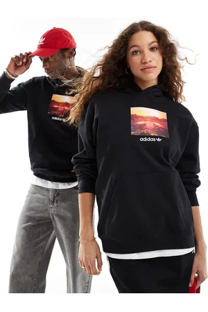 adidas Felpa nera unisex con cappuccio e stampa di tramonto