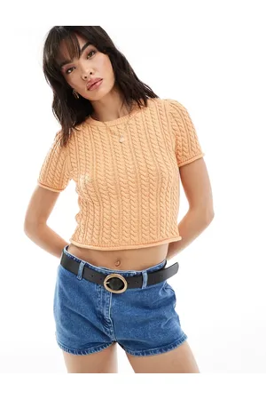 ASOS T-shirt ristretta in maglia color pesca a trecce