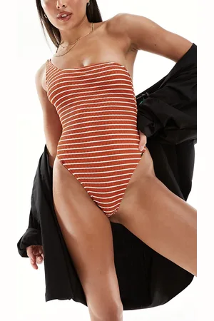 Free Society Costume da bagno monospalla stropicciato color ruggine a righe
