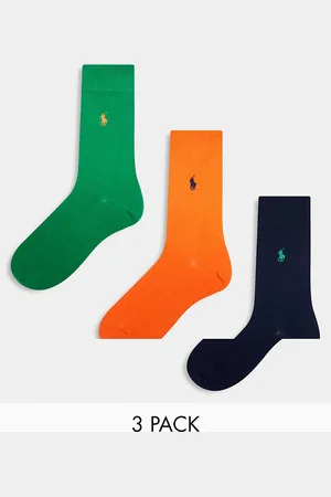 Ralph Lauren Confezione da 3 paia di calzini in cotone mercerizzato arancioni, verdi e blu navy con logo