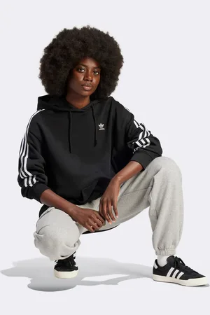 adidas Adicolor - Felpa oversize nera con cappuccio e 3 strisce