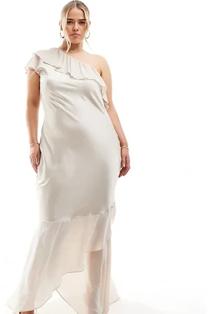 TFNC Vestito lungo da damigella in raso color champagne monospalla con volant