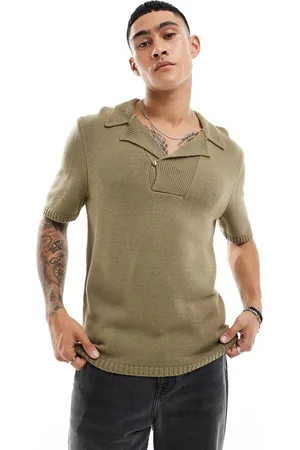 ASOS Polo in maglia spessa kaki intagliata sul collo