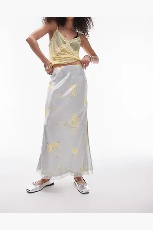 Topshop Gonna midi in raso grigio con rose gialle e bordi in pizzo
