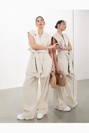 ASOS Pantaloni a pieghe a fondo ampio color pietra in coordinato