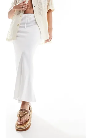 ASOS Gonna midi effetto lino bianca allacciata in vita con taglio sbieco