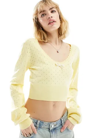 ASOS Top a maniche lunghe in maglia color limone con fiocco a contrasto e cuciture traforate