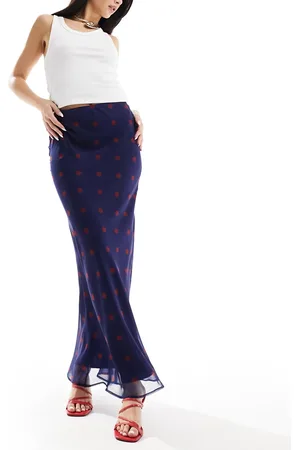 ASOS Gonna lunga in chiffon blu a pois rossi taglio sbieco