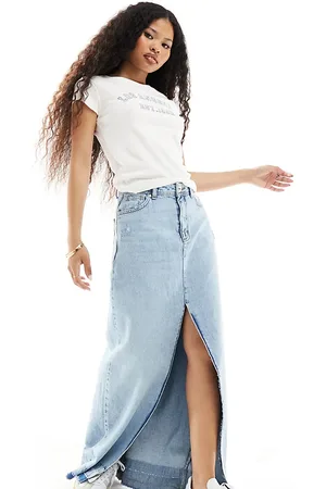 ONLY Gonna maxi in denim con orlo sfrangiato