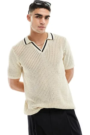 ASOS Polo in maglia traforata leggera color pietra con rever e bordi a contrasto