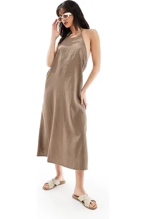 ONLY Vestito midi allacciato al collo in misto lino slavato