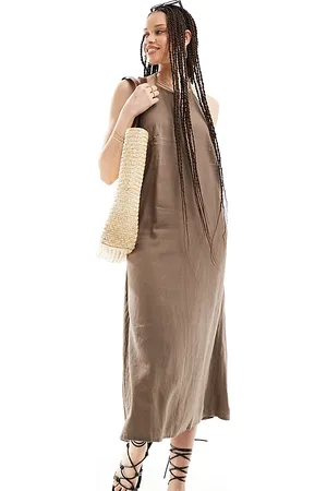 ONLY Vestito midi allacciato al collo in misto lino slavato