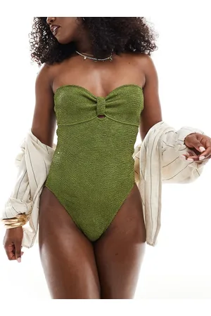 Miss Selfridge Costume da bagno kaki increspato a fascia aperto dietro