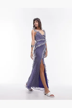Topshop Vestito lungo premium blu e avorio a righe con volant
