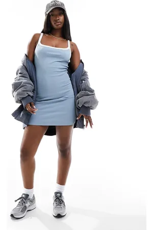 ASOS Vestito corto con spalline sottili e scollo squadrato blu a coste con profili color crema