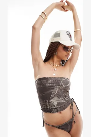 COLLUSION Top tankini a fascia stampato effetto denim in coordinato