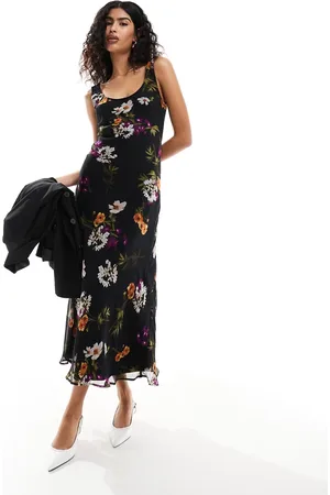 ASOS Vestito sottoveste midi in chiffon nero con stampa a fiori e scollo rotondo