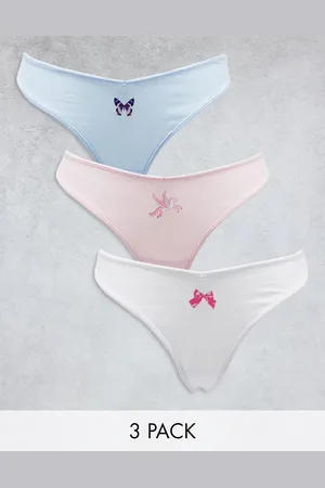 Monki Confezione da 3 perizomi ricamati color rosa, blu e bianco multicolori
