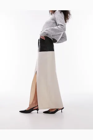 Topshop Gonna lunga in twill color crema con finiture in similpelle PU nera