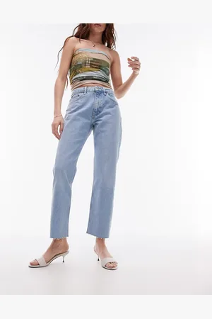 Topshop Jeans dritti cropped a vita medio alta candeggiati con bordi grezzi