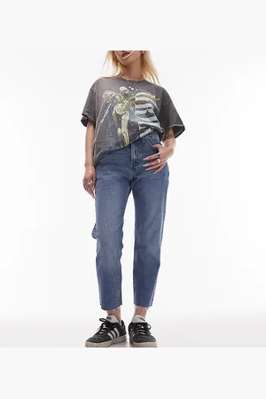 Topshop Jeans dritti cropped con bordi grezzi a vita medio alta medio