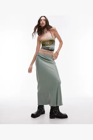 Topshop Gonna lunga in raso verde con taglio sbieco e vita elasticizzata