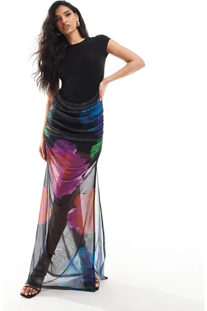 ASOS Vestito lungo 2 in 1 in rete con stampa floreale scura