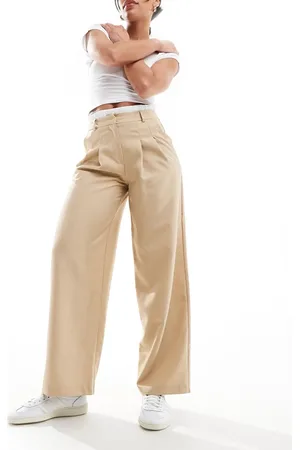 Miss Selfridge Pantaloni color cammello a fondo ampio con fascia in vita effetto boxer