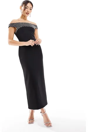 ASOS Vestito midi con scollo alla Bardot e pannello decorato