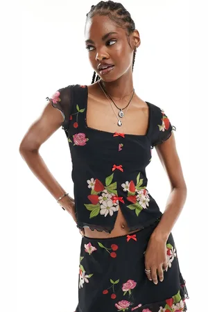 Reclaimed Top con maniche a sbuffo stile babydoll nero con stampa di frutta e fiori vintage e fiocchi