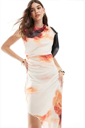 ASOS Vestito midi con spalle scivolate e fondo asimmetrico stampato rosso