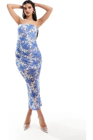 ASOS Vestito midi a fascia con drappeggio in rete con stampa floreale sfocata