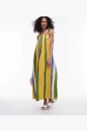 Topshop Vestito lungo in popeline a righe gialle e verdi con bustino arricciato