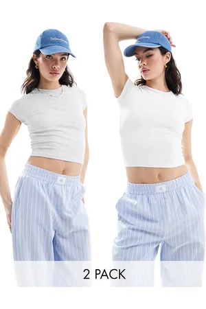 Bershka Confezione da 2 magliette corte grigia e bianca a coste