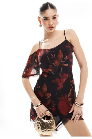 ASOS Vestito corto nero e rosso a fiori con bordi grezzi e fondo asimmetrico