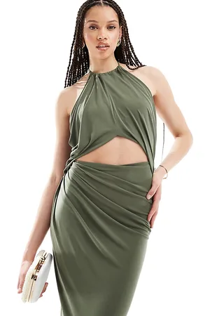 ASOS ASOS DESIGN Tall - Vestito midi arricciato allacciato al collo kaki tenue con cut-out centrale