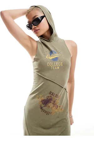 COLLUSION Vestito lungo kaki combinato con cappuccio